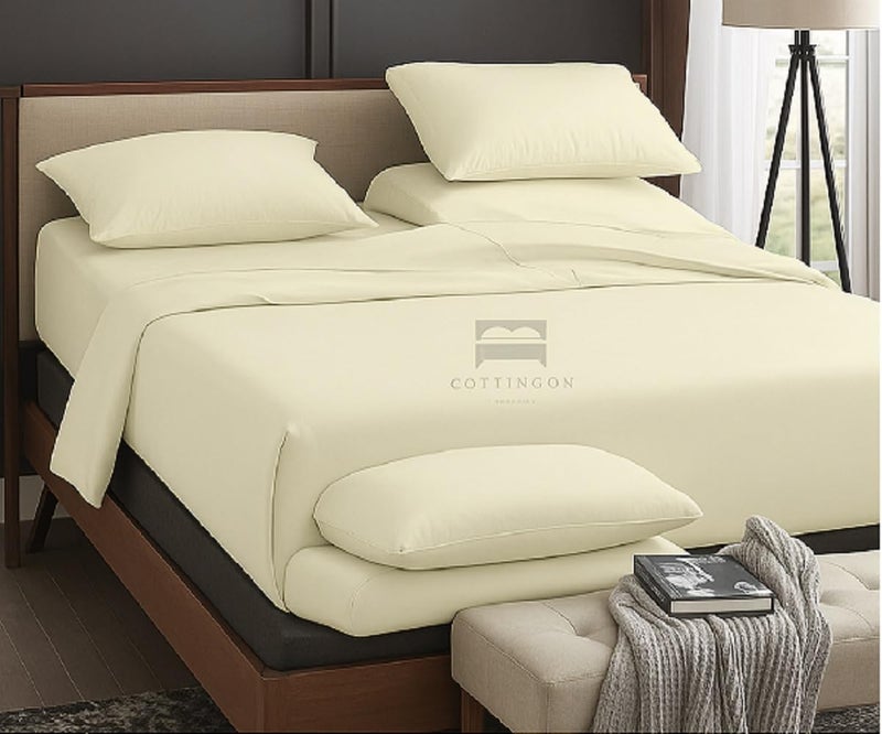 Cottingon Top Split King Sheets Set for Adjustable Bed - 4 Piece Sleep Number Bed Sheets - 100% Egyptian Cotton - 16 Inch Deep - 28 Split King - Ivory Solid - Image 1
